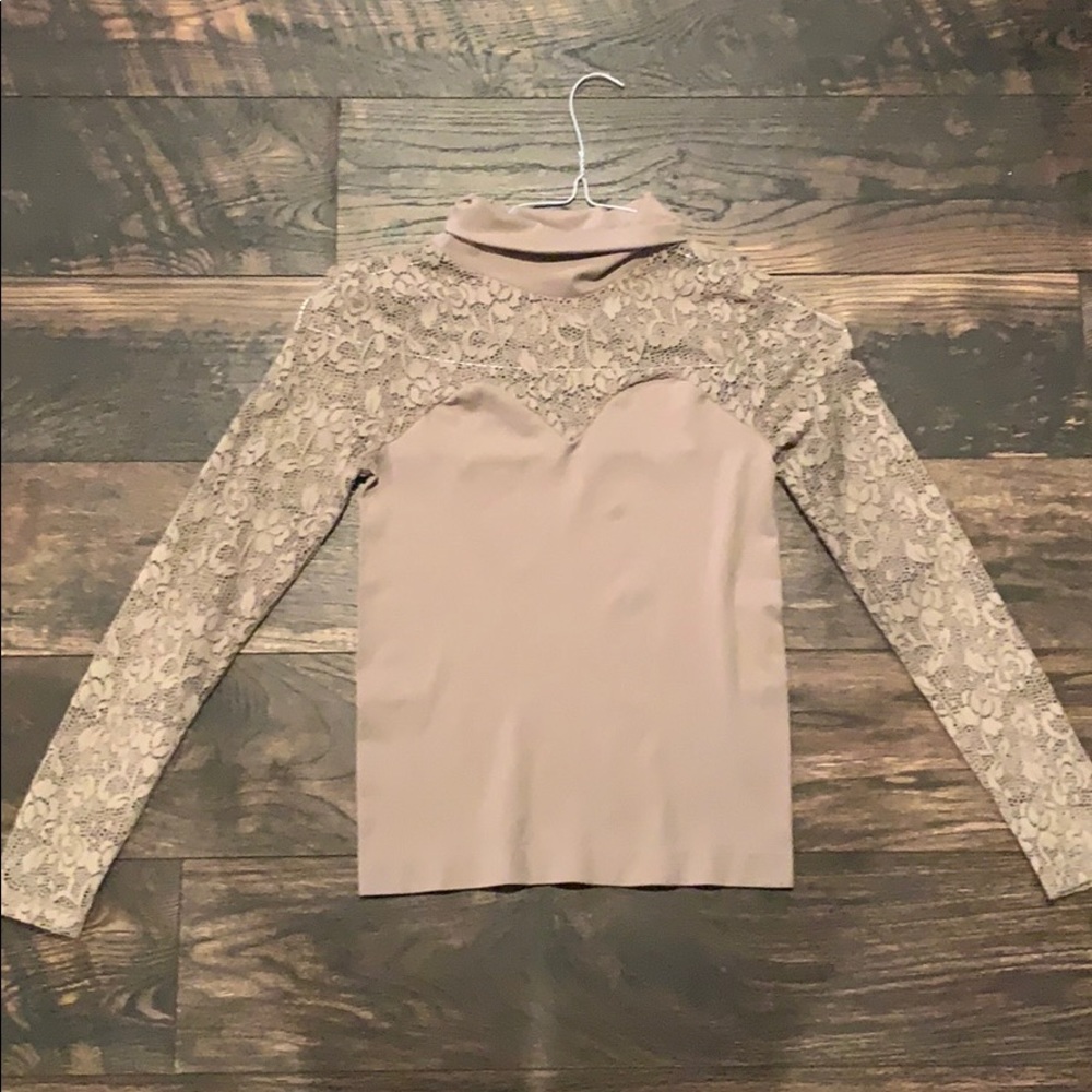 Lace Accent Beige Turtle Neck Shirt